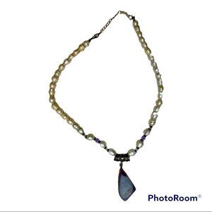 Rainbow Druzy Quartz Faux Pearl Necklace